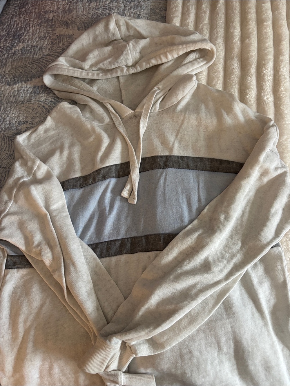 Beige Hooded Pullover with Gray Stripe